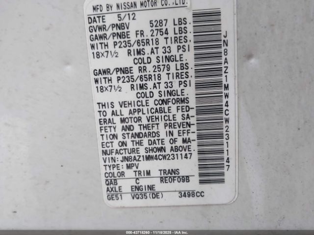 2012 NISSAN MURANO JN8AZ1MW4CW231147 Photo 8