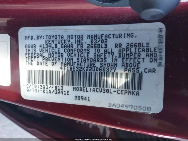 Продажа на аукционе авто 2002 Toyota Camry Le, vin: 4T1BE32K22U060377, номер лота: 43718264
