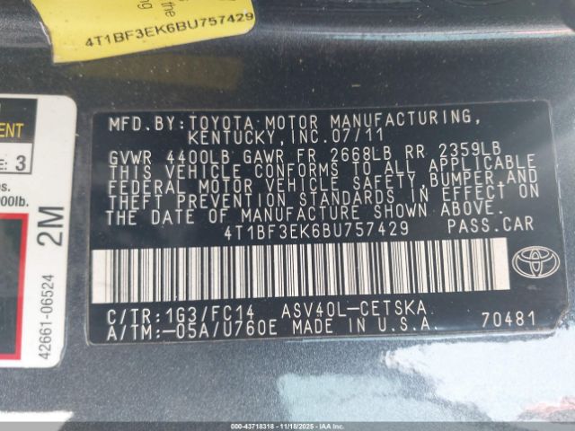 2011 TOYOTA CAMRY 4T1BF3EK6BU757429 Photo 8