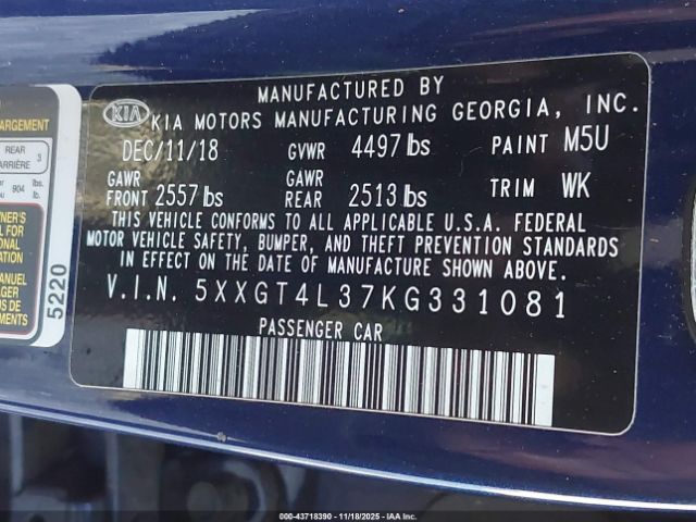 2019 KIA OPTIMA 5XXGT4L37KG331081 Photo 8