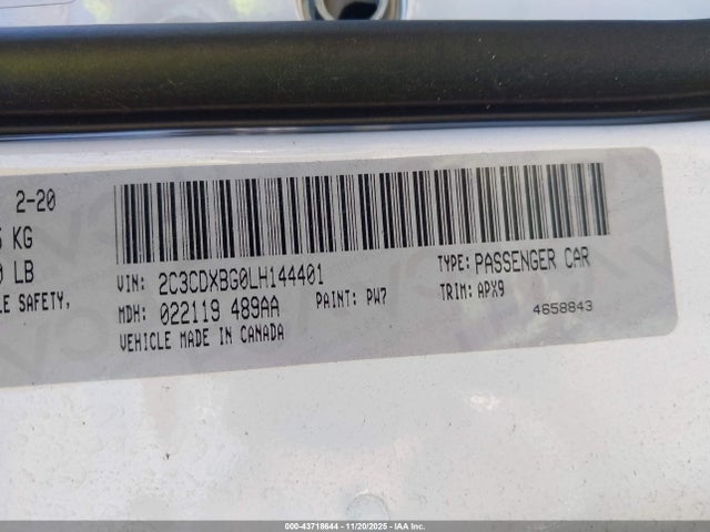43718644 :رقم المزاد ، 2C3CDXBG0LH144401 vin ، 2020 Dodge Charger Sxt Rwd مزاد بيع