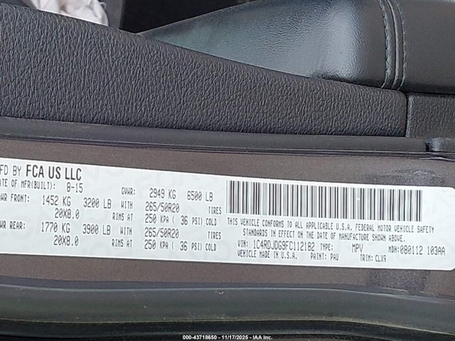 2015 Dodge Durango Limited მანქანა იყიდება აუქციონზე, vin: 1C4RDJDG9FC112182, აუქციონის ნომერი: 43718650