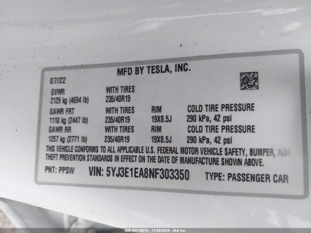 2022 TESLA MODEL 3 5YJ3E1EA8NF303350 Photo 8