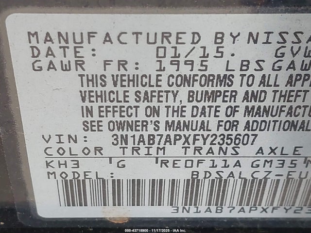 3N1AB7APXFY235607 Nissan Sentra Fe+ S/s/sl/sr/sv