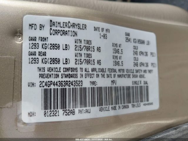 2003 CHRYSLER TOWN & COUNTRY 2C4GP44363R243523 Photo 8