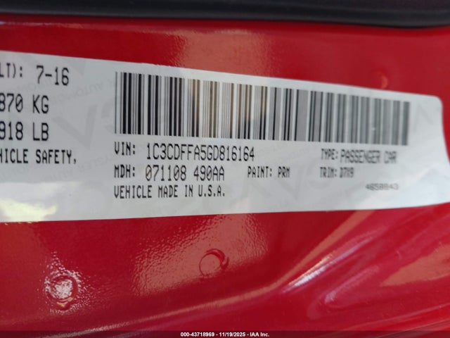 1C3CDFFA5GD816164 Dodge Dart Sxt Sport
