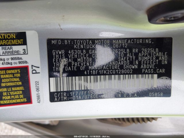 2012 TOYOTA CAMRY 4T1BF1FK2CU129002 Photo 8