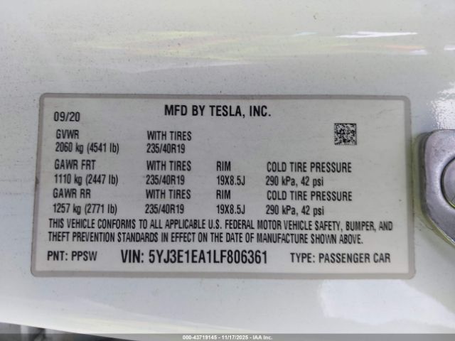 2020 TESLA MODEL 3 5YJ3E1EA1LF806361 Photo 8