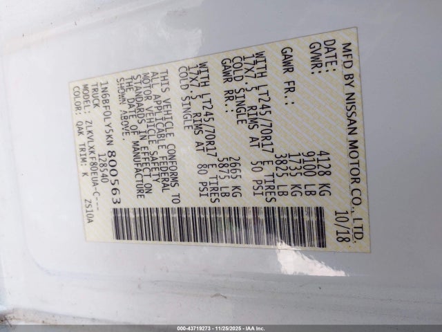 1N6BF0LY5KN800563 Nissan Nv Cargo Nv2500 Hd Sv V6