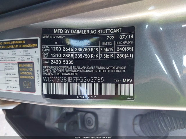 43719296 :رقم المزاد ، WDCGG8JB7FG363785 vin ، 2015 Mercedes-benz Glk 350 4matic مزاد بيع