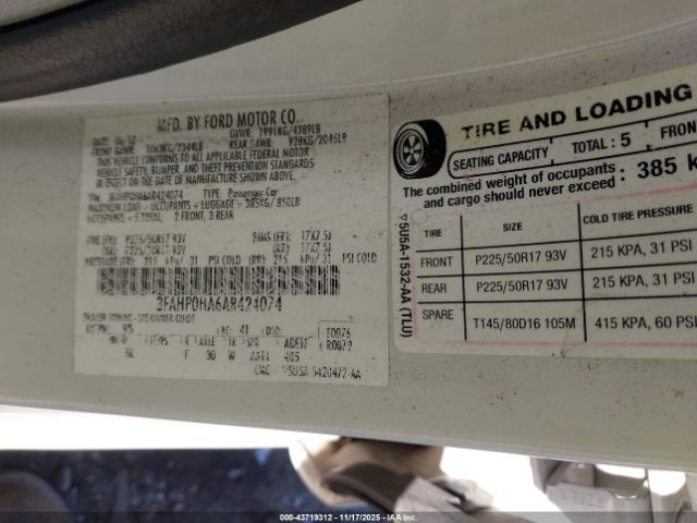 2010 FORD FUSION 3FAHP0HA6AR424074 Photo 8