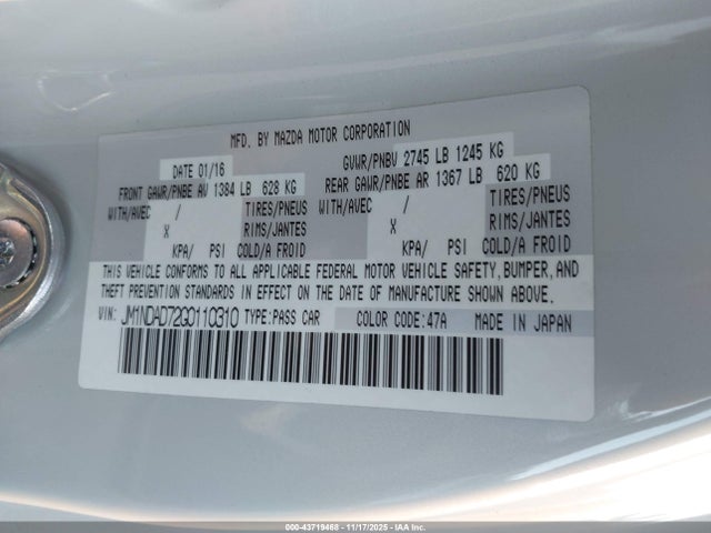 43719468 :رقم المزاد ، JM1NDAD72G0110310 vin ، 2016 Mazda Mx-5 Miata Grand Touring مزاد بيع