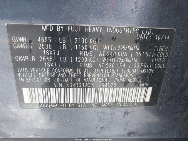 Subaru Outback 2.5i Limited 2015 4S4BSBJC2F3244629 Image 9