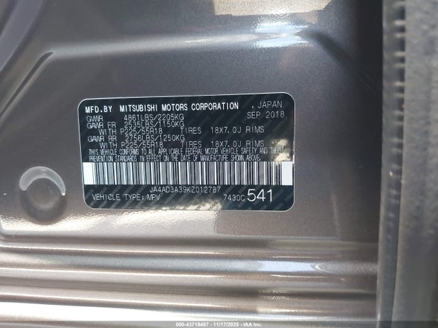 2019 MITSUBISHI OUTLANDER JA4AD3A39KZ012787 Photo 8