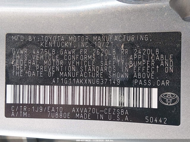 4T1G11AKXNU637149 Toyota CAMRY SE