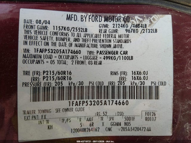 Продажа на аукционе авто 2005 Ford Taurus Se, vin: 1FAFP53205A174660, номер лота: 43719721