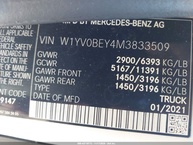 Aukcja sprzedaży 2021 Mercedes-benz Metris, vin: W1YV0BEY4M3833509, numer aukcji: 43719773