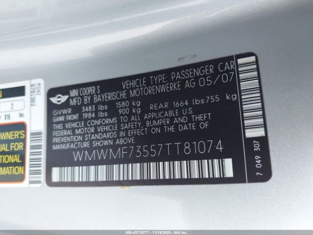 2007 MINI COOPER S WMWMF73557TT81074 Photo 8