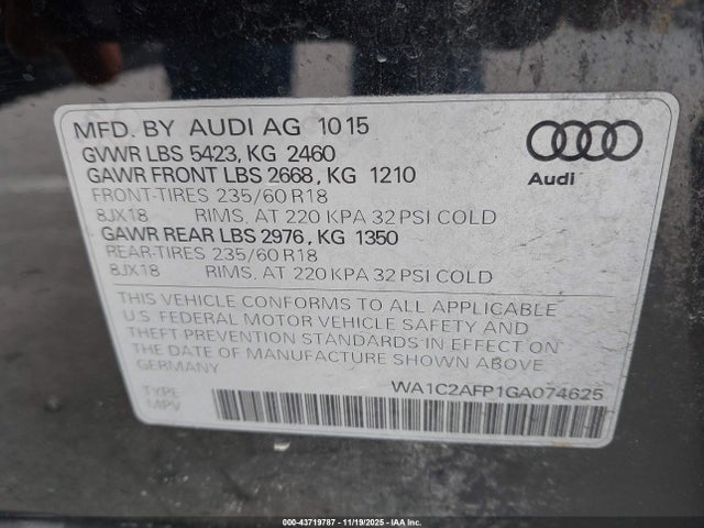 Продажа на аукционе авто 2016 Audi Q5 2.0t Premium, vin: WA1C2AFP1GA074625, номер лота: 43719787