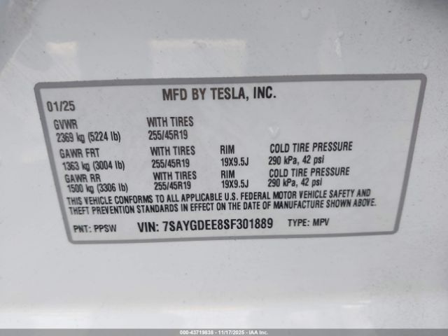 2025 TESLA MODEL Y 7SAYGDEE8SF301889 Photo 8