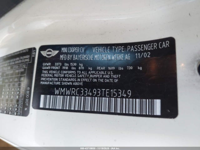2003 MINI COOPER WMWRC33493TE15349 Photo 8