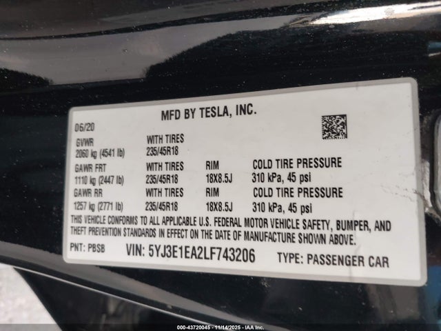 2020 TESLA MODEL 3 5YJ3E1EA2LF743206 Photo 8