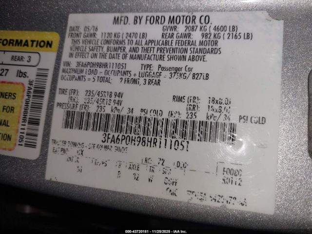 2017 FORD FUSION 3FA6P0H98HR111051 Photo 8