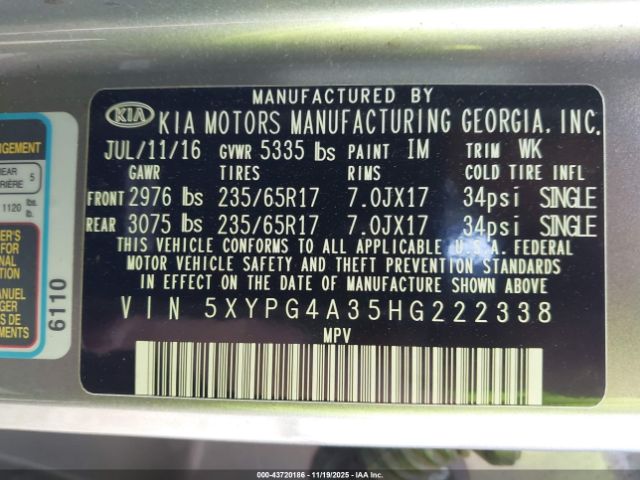 2017 KIA SORENTO 5XYPG4A35HG222338 Photo 8