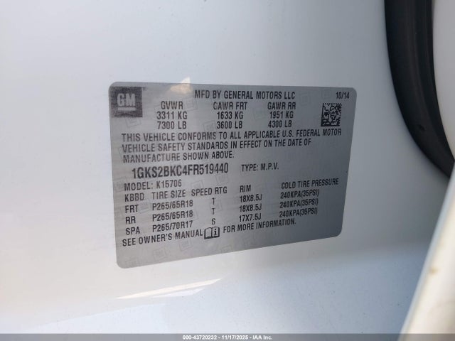 2015 Gmc Yukon Slt მანქანა იყიდება აუქციონზე, vin: 1GKS2BKC4FR519440, აუქციონის ნომერი: 43720232
