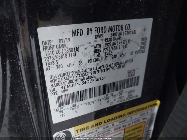 Продажа на аукционе авто 2012 Ford Expedition Xlt, vin: 1FMJU1J54CEF35151, номер лота: 43720327