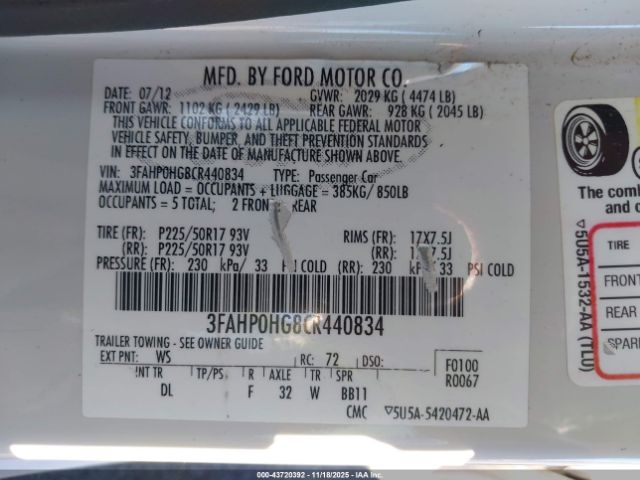 2012 FORD FUSION 3FAHP0HG8CR440834 Photo 8