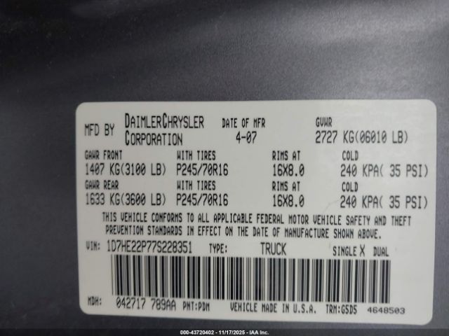 2007 DODGE DAKOTA 1D7HE22P77S228351 Photo 8