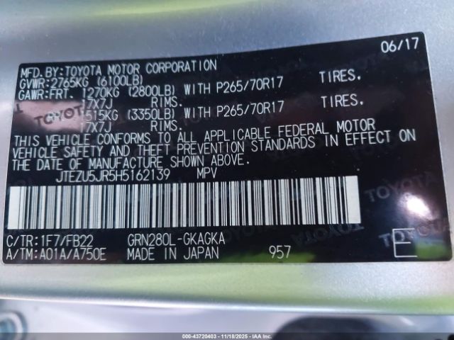 2017 TOYOTA 4RUNNER JTEZU5JR5H5162139 Photo 8