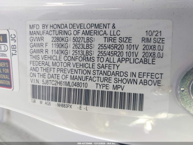 Продажа на аукционе авто 2021 Acura Rdx A-spec Package, vin: 5J8TC2H61ML048010, номер лота: 43720466