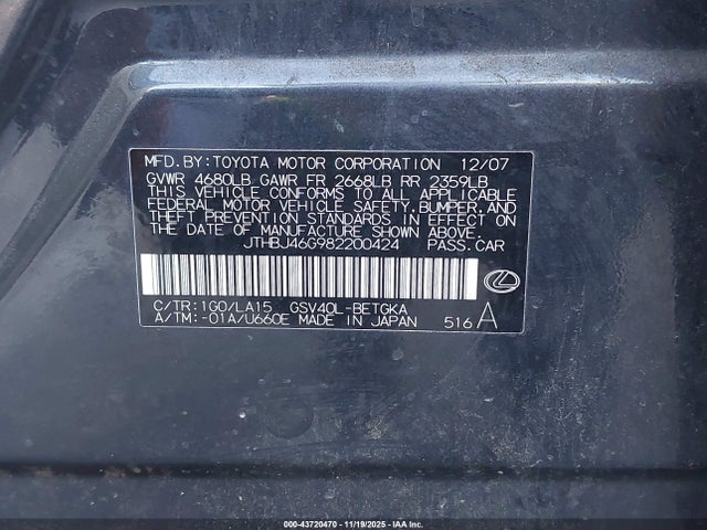 43720470 :رقم المزاد ، JTHBJ46G982200424 vin ، 2008 Lexus Es 350 مزاد بيع