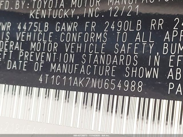 2022 TOYOTA CAMRY 4T1C11AK7NU654988 Photo 8