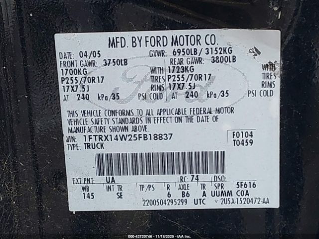 2005 FORD F-150 1FTRX14W25FB18837 Photo 8