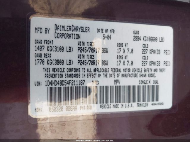 2004 DODGE DURANGO 1D4HD48D54F211187 Photo 8