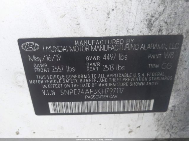 2019 HYUNDAI SONATA 5NPE24AF3KH797117 Photo 8