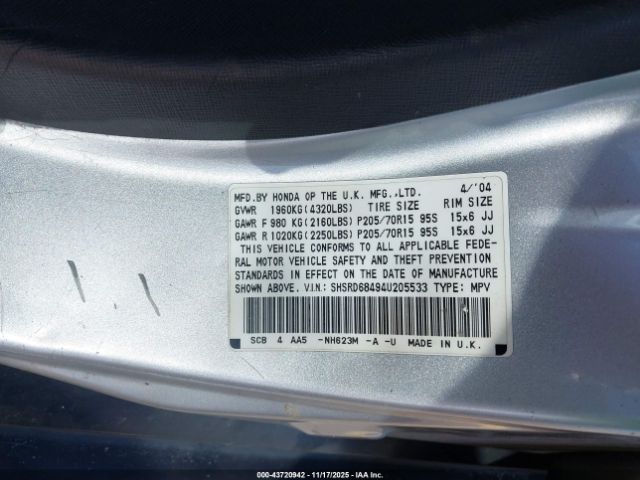 2004 HONDA CR-V SHSRD68494U205533 Photo 8