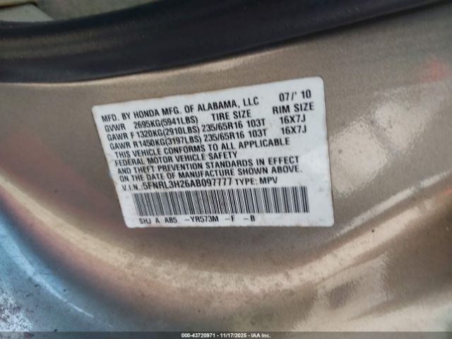 2010 HONDA ODYSSEY 5FNRL3H26AB097777 Photo 8