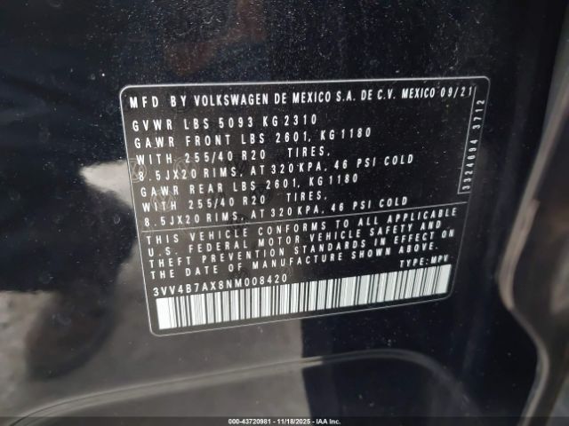 2022 VOLKSWAGEN TIGUAN 3VV4B7AX8NM008420 Photo 8
