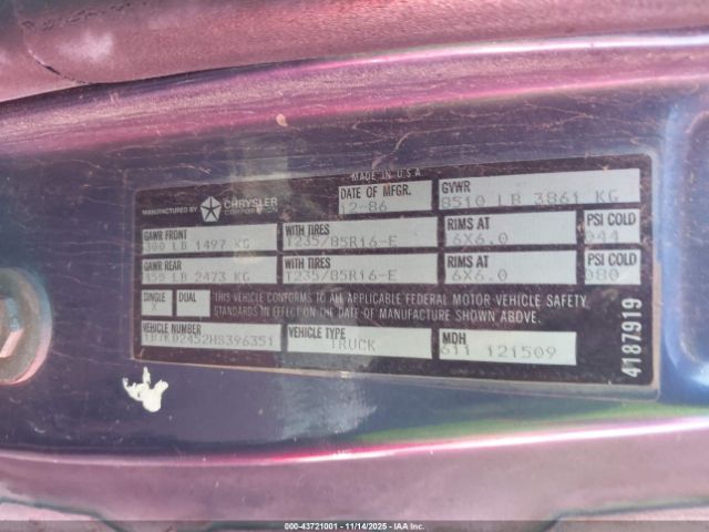 1987 DODGE D-SERIES 1B7KD2452HS396351 Photo 8