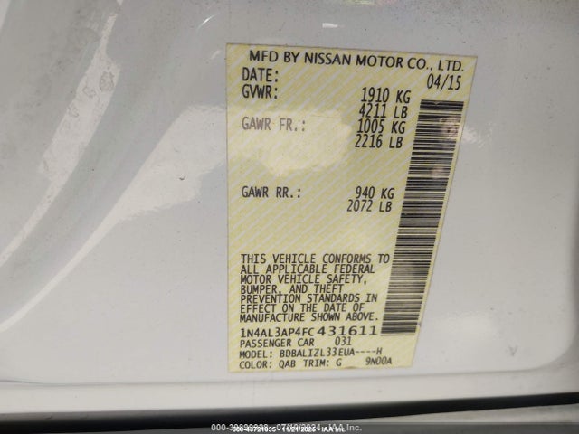 1N4AL3AP4FC431611 Nissan Altima 2.5 Sv