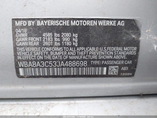 Продаж на аукціоні авто 2018 Bmw 320i Xdrive, vin: WBA8A3C53JA488698, номер лоту: 43721253