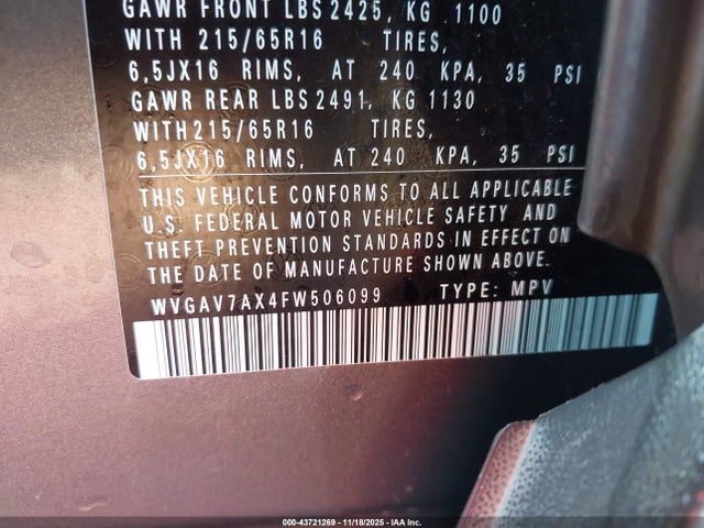 WVGAV7AX4FW506099 Volkswagen TIGUAN S