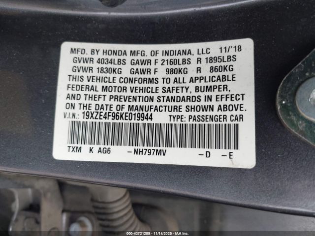 2019 HONDA INSIGHT 19XZE4F96KE019944 Photo 8