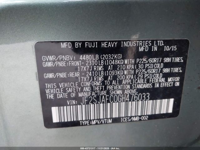 2016 SUBARU FORESTER JF2SJAFC0GH476033 Photo 8