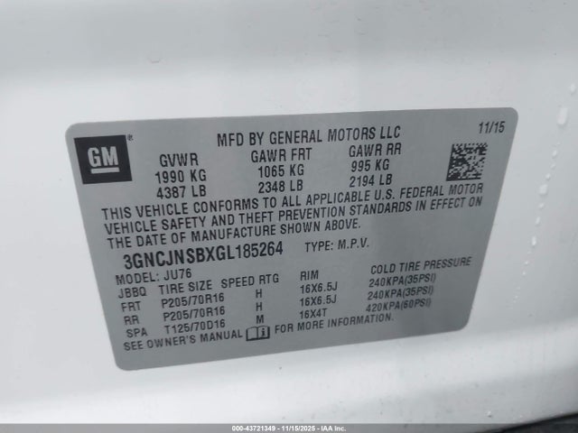 Chevrolet luv - mfi, vvt, alum, gme e85 max 2016 3GNCJNSBXGL185264 Image 9