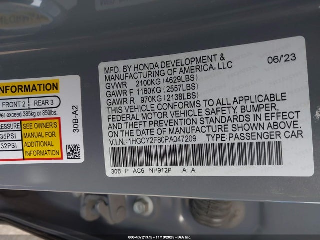 Продаж на аукціоні авто 2023 Honda Accord Hybrid Touring, vin: 1HGCY2F80PA047209, номер лоту: 43721375